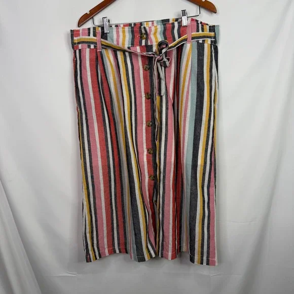 Dash Women XL Multi Color Striped Linen Blend Button Front Tie Waist Midi Skirt - Picture 3 of 8